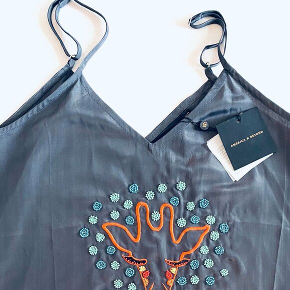 NWT America & Beyond grey giraffe tank camisole Womens Small beaded embroidered - Picture 3 of 9